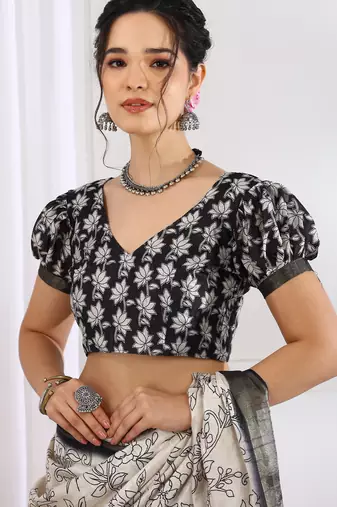 party wear cotton blend floral print saree with unstiched blouse piece_white