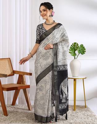 party wear cotton blend floral print saree with unstiched blouse piece_white 1