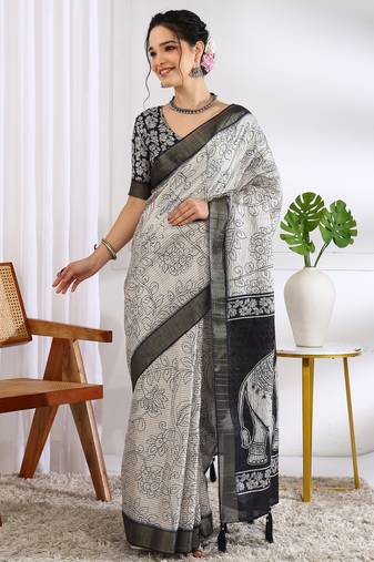party wear cotton blend floral print saree with unstiched blouse piece_white
