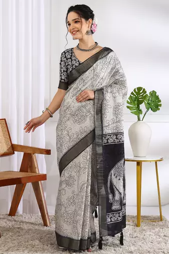 party wear cotton blend floral print saree with unstiched blouse piece_white