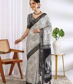 party wear cotton blend floral print saree with unstiched blouse piece_white