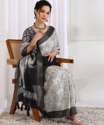 party wear cotton blend floral print saree with unstiched blouse piece_white 2