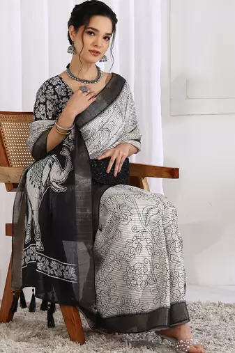 party wear cotton blend floral print saree with unstiched blouse piece_white