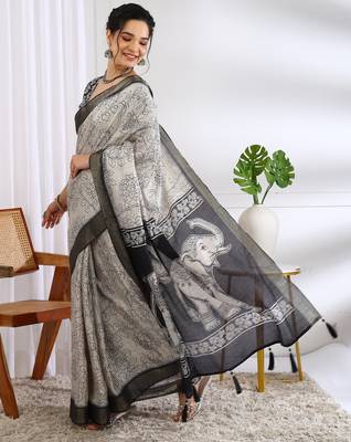 party wear cotton blend floral print saree with unstiched blouse piece_white 3