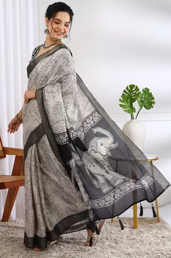 party wear cotton blend floral print saree with unstiched blouse piece_white