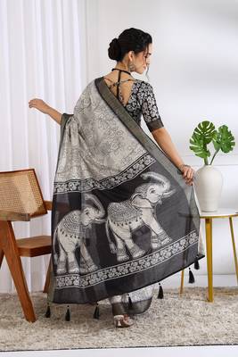 party wear cotton blend floral print saree with unstiched blouse piece_white 4