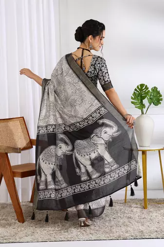 party wear cotton blend floral print saree with unstiched blouse piece_white