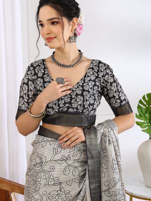 party wear cotton blend floral print saree with unstiched blouse piece_white 5