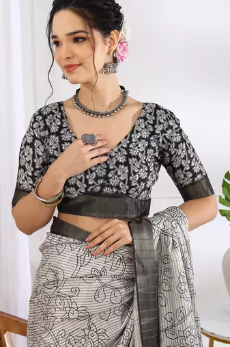 party wear cotton blend floral print saree with unstiched blouse piece_white