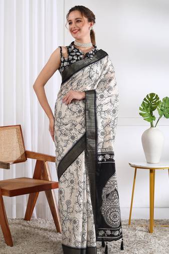 party wear cotton blend floral print saree with unstiched blouse piece_white