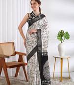 party wear cotton blend floral print saree with unstiched blouse piece_white