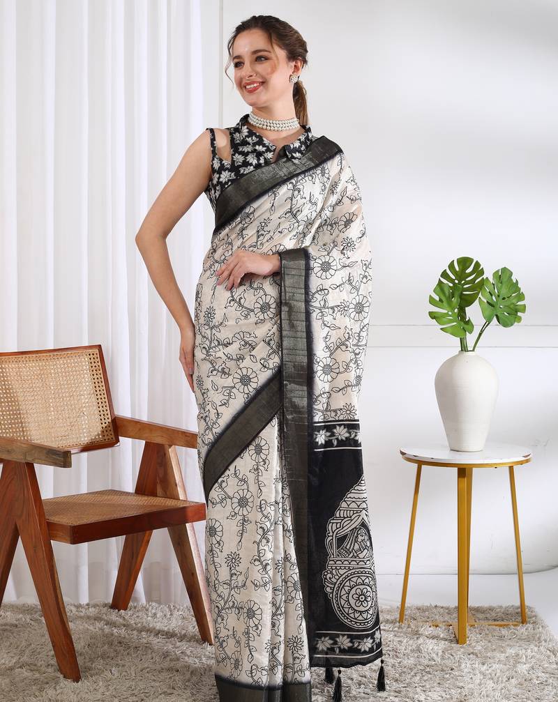 party wear cotton blend floral print saree with unstiched blouse piece_white