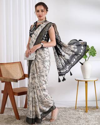party wear cotton blend floral print saree with unstiched blouse piece_white 2
