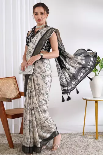 party wear cotton blend floral print saree with unstiched blouse piece_white