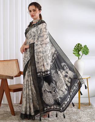 party wear cotton blend floral print saree with unstiched blouse piece_white 3