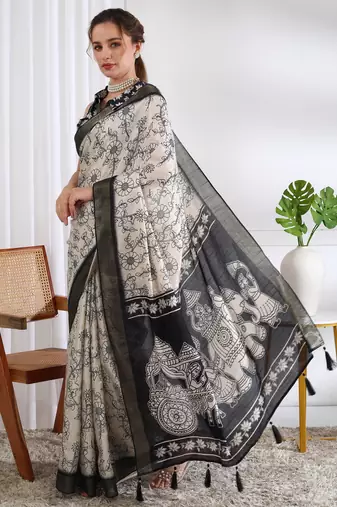 party wear cotton blend floral print saree with unstiched blouse piece_white