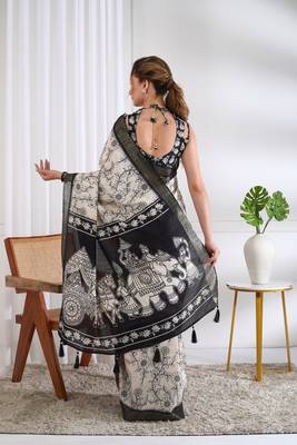 party wear cotton blend floral print saree with unstiched blouse piece_white 4