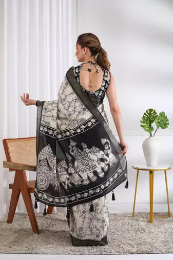 party wear cotton blend floral print saree with unstiched blouse piece_white