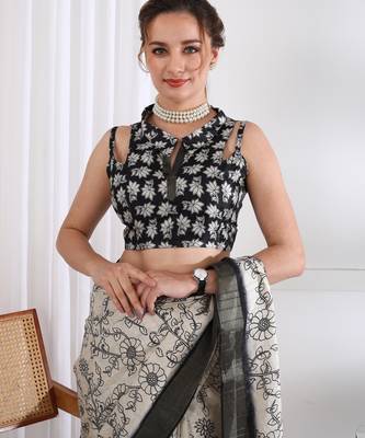 party wear cotton blend floral print saree with unstiched blouse piece_white 5
