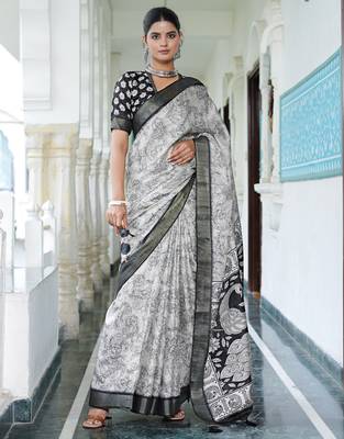 party wear cotton blend floral print saree with unstiched blouse piece_white 1