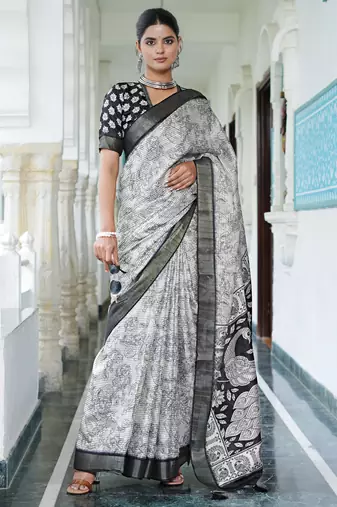 party wear cotton blend floral print saree with unstiched blouse piece_white