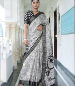 party wear cotton blend floral print saree with unstiched blouse piece_white