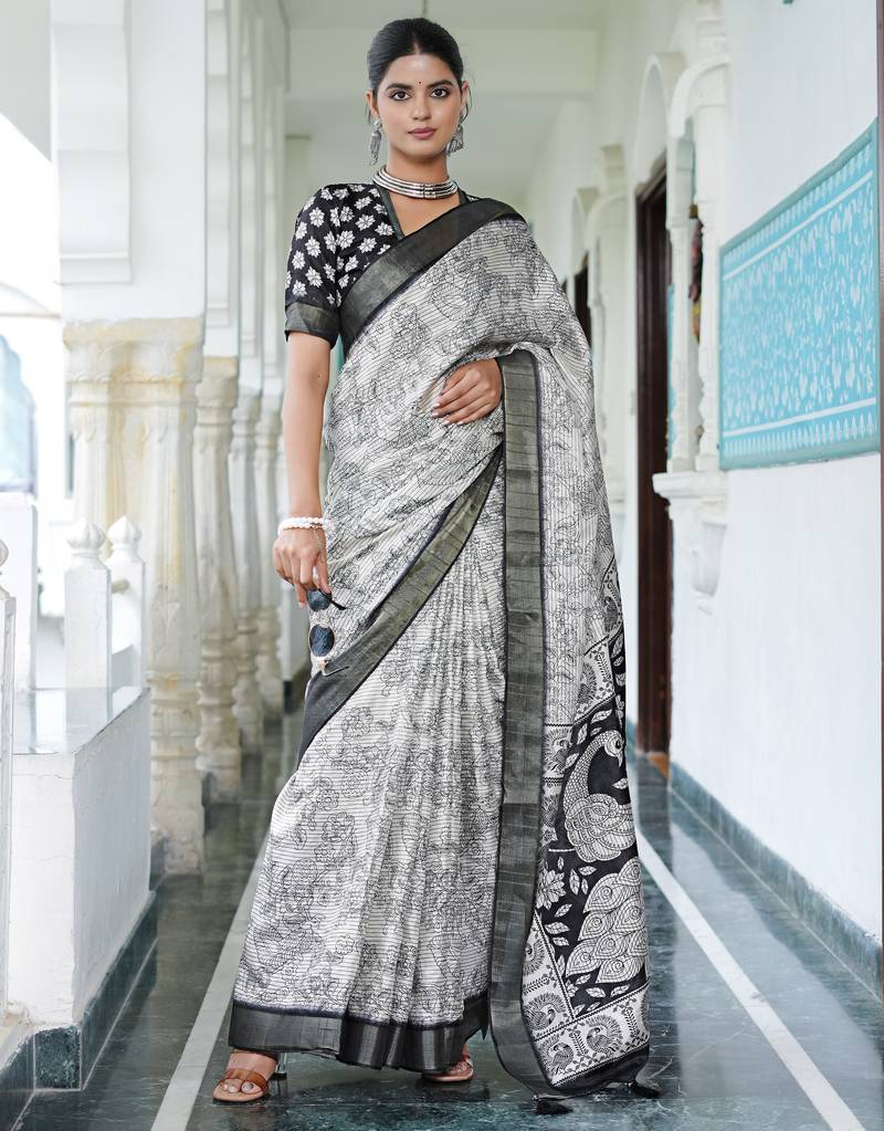 party wear cotton blend floral print saree with unstiched blouse piece_white