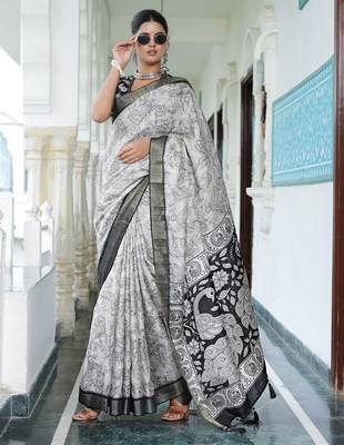 party wear cotton blend floral print saree with unstiched blouse piece_white 2