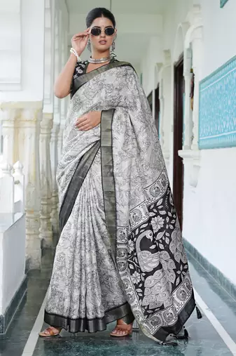 party wear cotton blend floral print saree with unstiched blouse piece_white