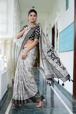 party wear cotton blend floral print saree with unstiched blouse piece_white 3