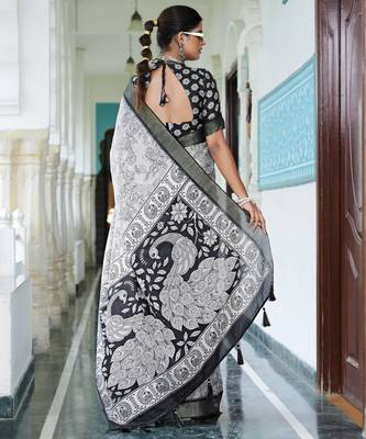 party wear cotton blend floral print saree with unstiched blouse piece_white 4