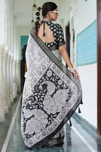 party wear cotton blend floral print saree with unstiched blouse piece_white