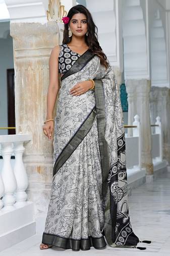 party wear cotton blend floral print saree with unstiched blouse piece_white