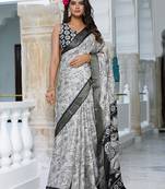 party wear cotton blend floral print saree with unstiched blouse piece_white