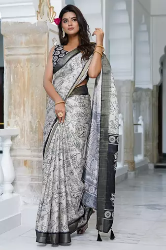 party wear cotton blend floral print saree with unstiched blouse piece_white