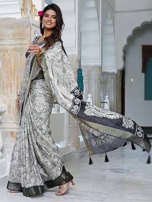party wear cotton blend floral print saree with unstiched blouse piece_white 3