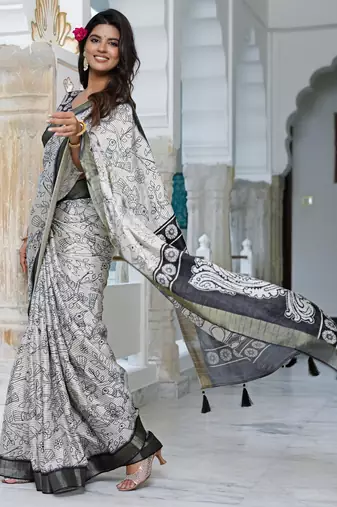 party wear cotton blend floral print saree with unstiched blouse piece_white