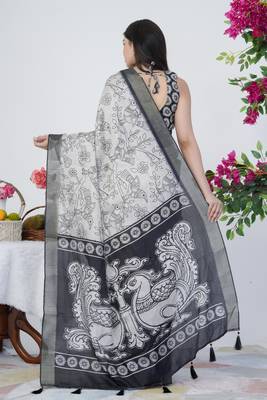 party wear cotton blend floral print saree with unstiched blouse piece_white 4