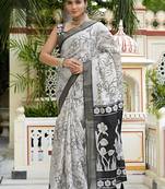 party wear cotton blend floral print saree with unstiched blouse piece_white