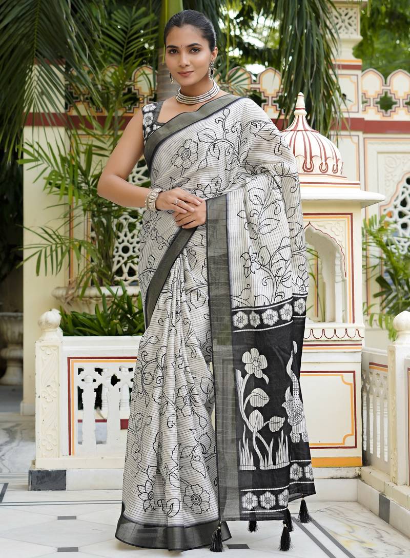 party wear cotton blend floral print saree with unstiched blouse piece_white