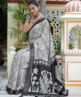 party wear cotton blend floral print saree with unstiched blouse piece_white 2