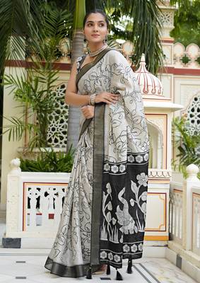 party wear cotton blend floral print saree with unstiched blouse piece_white 3