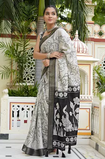 party wear cotton blend floral print saree with unstiched blouse piece_white
