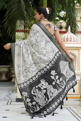 party wear cotton blend floral print saree with unstiched blouse piece_white 4