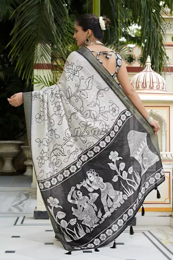 party wear cotton blend floral print saree with unstiched blouse piece_white