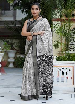 party wear cotton blend peacock print saree with unstiched blouse piece_white 1