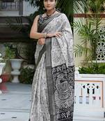 party wear cotton blend peacock print saree with unstiched blouse piece_white