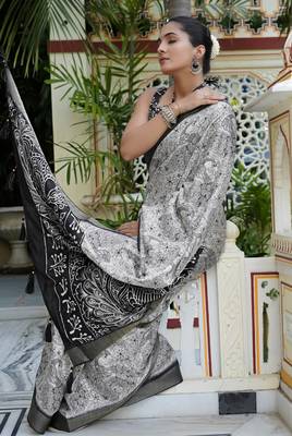 party wear cotton blend peacock print saree with unstiched blouse piece_white 2