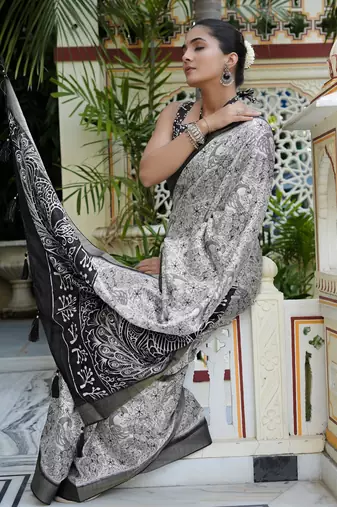 party wear cotton blend peacock print saree with unstiched blouse piece_white