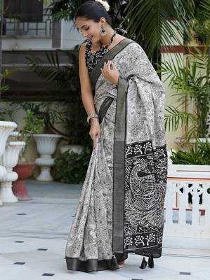 party wear cotton blend peacock print saree with unstiched blouse piece_white 3